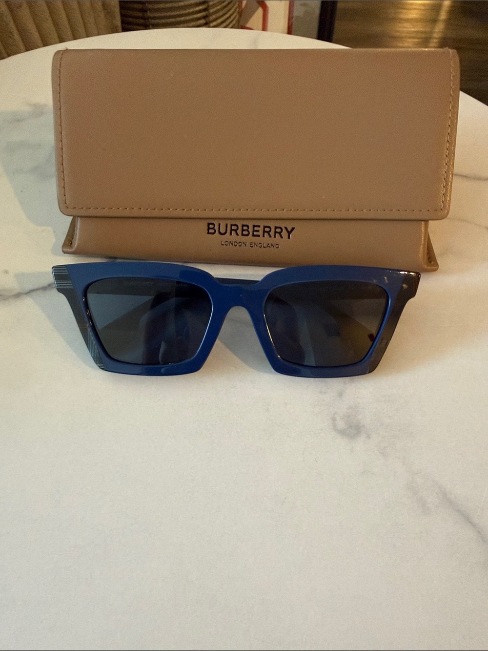 Burberry Briar Blue Square Sunglasses with Tan Case and cleaning cloth